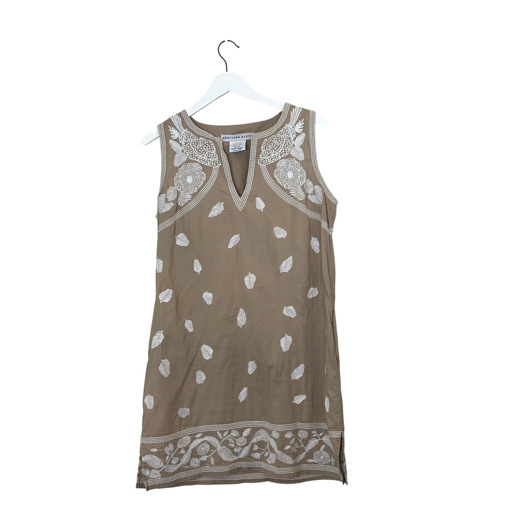 Gretchen Scott Brown Embroidered Sleeveless V-Neck Shift Dress Size M Cotton